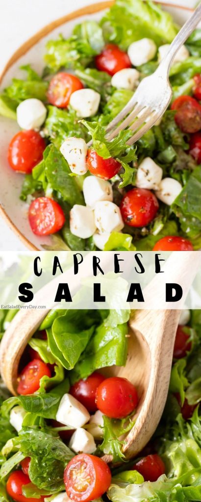 tomato mozzarella basil salad pinnable image with title text