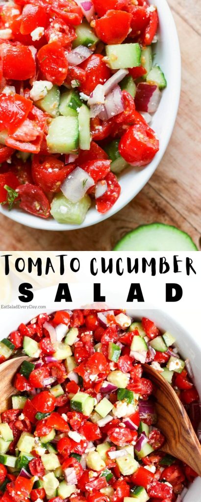 tomato cucumber onion salad pinnable image with title text