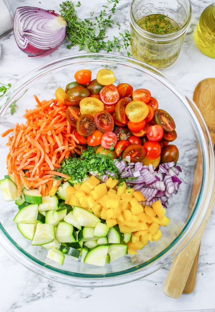 prepped ingredients in clear glass bowl