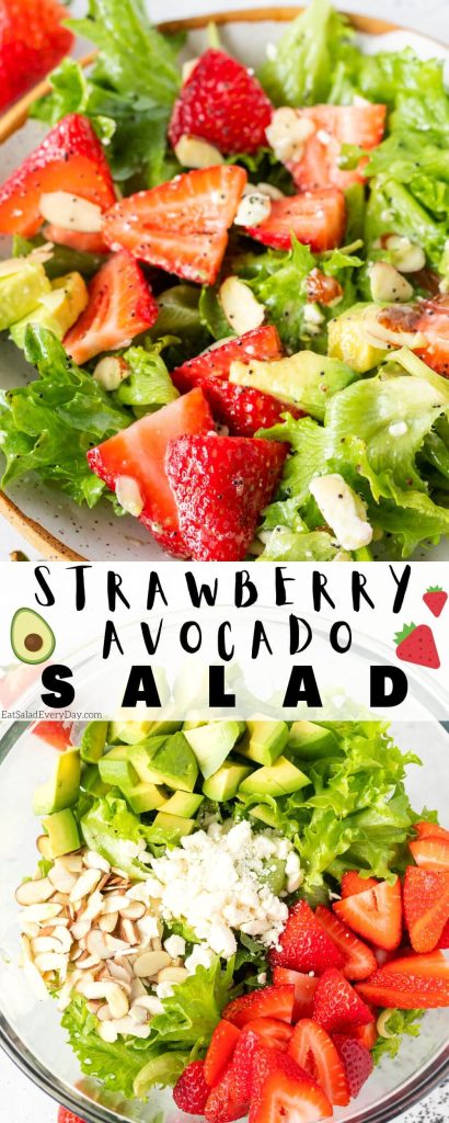 avocado strawberry salad pinnable image with title text