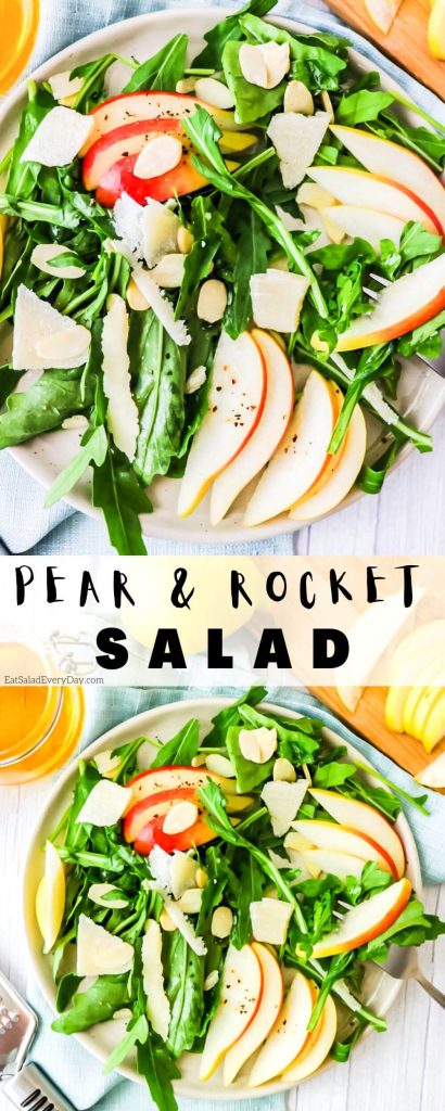 pear and rocket salad pinnable image with title text