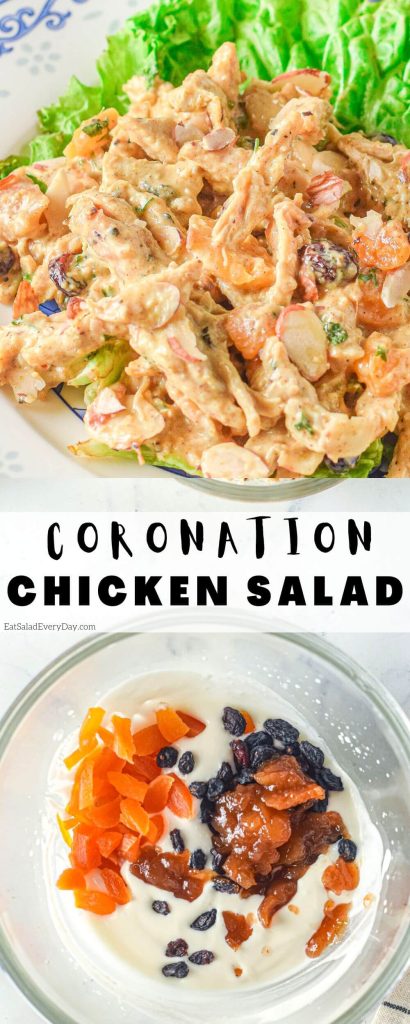 coronation chicken salad pinnable image with title text